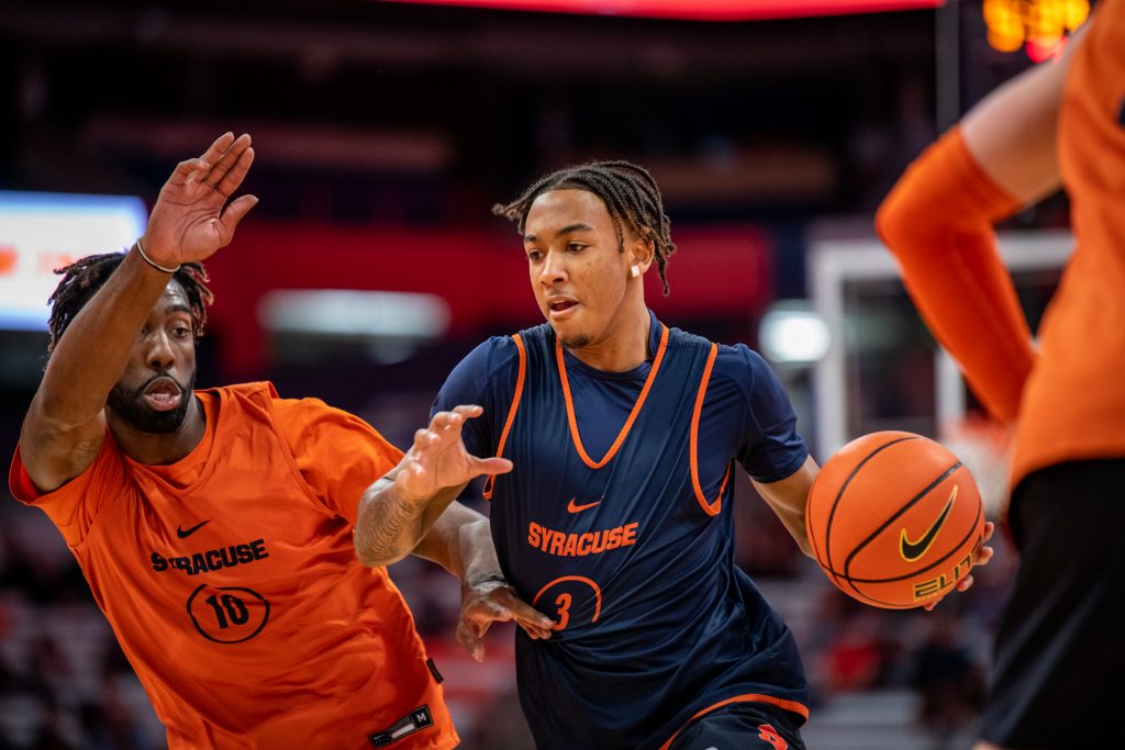 Freshman guard, Judah Mintz, during the men's basketball scrimmage, at the Orange Tip Off fan event. Photo by Ryan Brady. 10/14/22