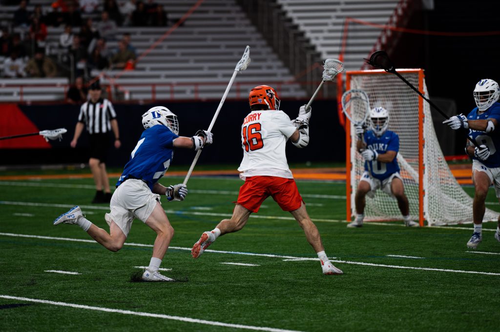 Brendan Curry (No.16) in SU's men's lacrosse victory over Duke on March 26th, 2022.