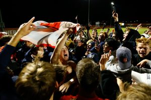 SYRACUSE, NY - NOVEMBER 9: Curt Calov #7 of Syracuse Orange celebrates with fans after winning the game against the Virginia Cavaliers during the ACC Semifinal at SU Soccer Stadium on November 9, 2022 in Syracuse, New York. (Photo by Isaiah Vazquez/The Newshouse)