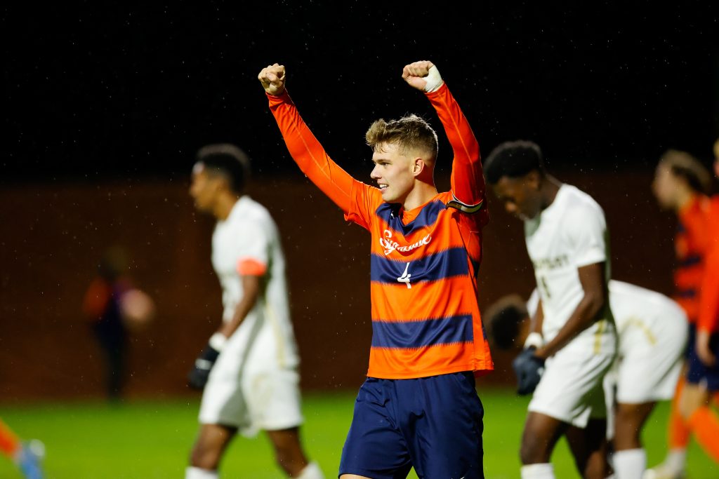 SU's Noah Singelmann (4) celebrates his team's win on Friday.