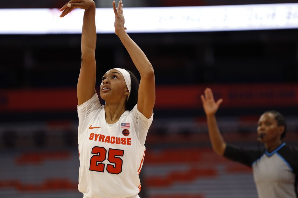 Syracuse's Alaina Rice 25 shoots the ball at the Syracuse women's basketball game vs. Colgate on Nov. 10, 2022, at the JMA Wireless Dome
