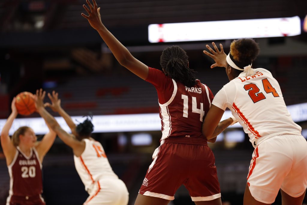 Number 24 Alaina Rice plays defense against Colgate Number 14 Nicole Parks at the Syracuse women's basketball game vs. Colgate on Nov. 10, 2022, at the JMA Wireless Dome.