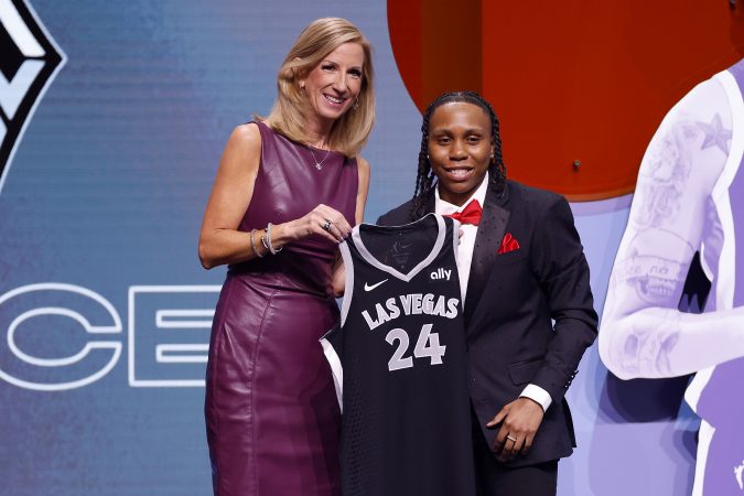 yaisha Fair poses with WNBA Commissioner Cathy Engelbert after being selected 16th overall pick by the Las Vegas Aces during the 2024 WNBA Draft at Brooklyn Academy of Music on April 15, 2024 in New York City.