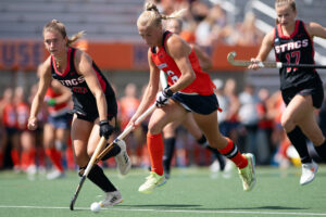 Lieke Leeggangers (6) charges past Fairfield's defense during their match on Sunday.