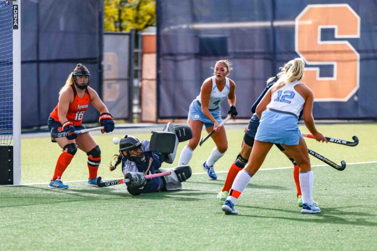 The Syracuse University Field Hockey team faced off against the University of North Carolina on Friday, October, 17, 2025. Junior Jessue Eiselin and graduate student Bo van Kempen attemped to save a goal in the first period of the game.
