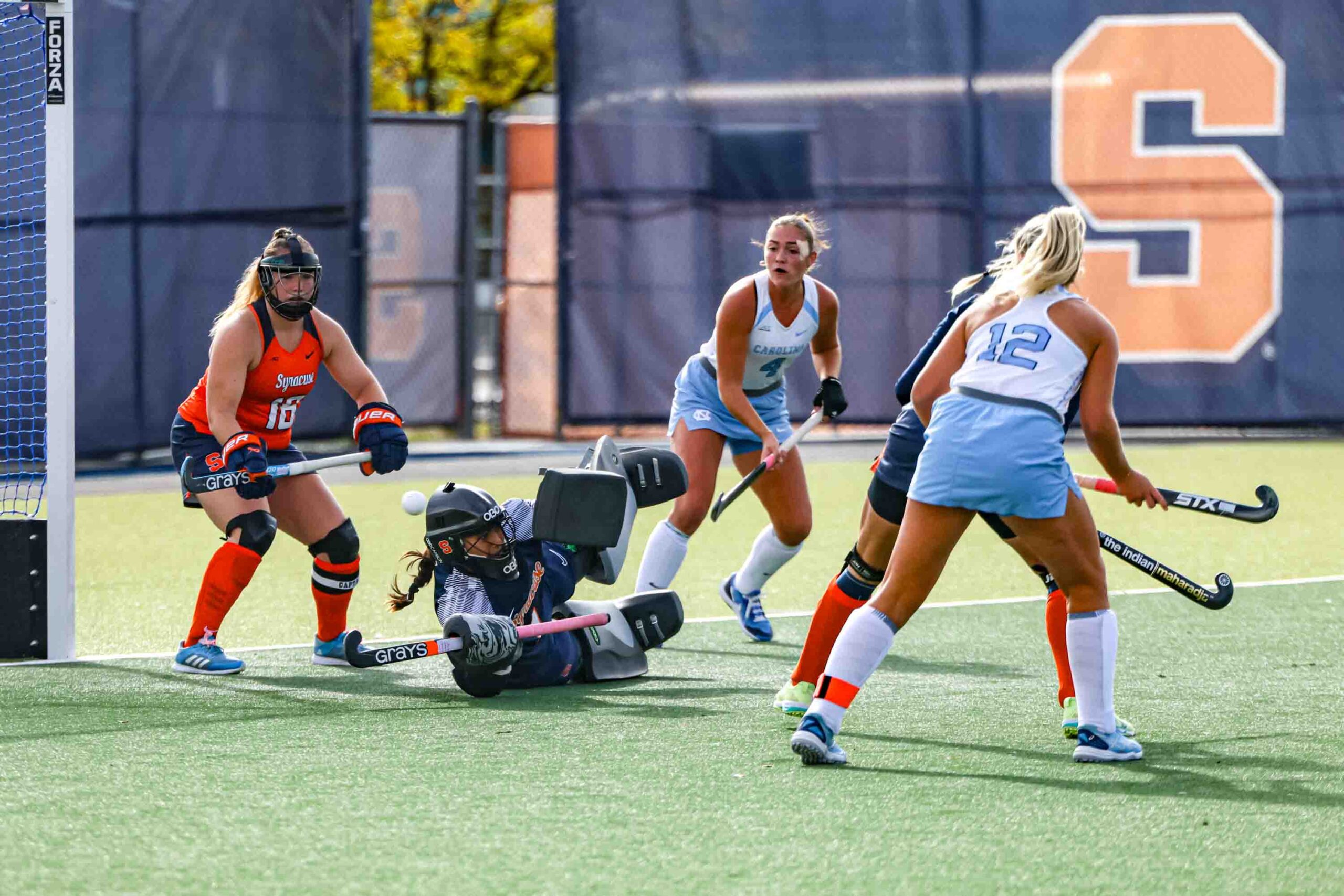 The Syracuse University Field Hockey team faced off against the University of North Carolina on Friday, October, 17, 2025. Junior Jessue Eiselin and graduate student Bo van Kempen attemped to save a goal in the first period of the game.