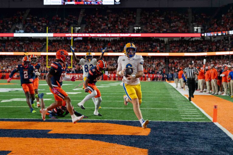 QB Mason Heintschel (6) scores on Pitt's first drive during Syracuse Men’s Football game against PItt University on October 19, 2025, at JMA Wireless Dome in Syracuse, New York.