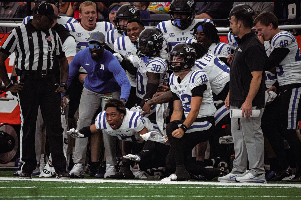 Duke Freshman WR Jaivon Solomon (17) celebrates with his team after their first touchdown in the first quarter. Solomon did not play in Saturday's game, but continued to celebrate his team after big plays