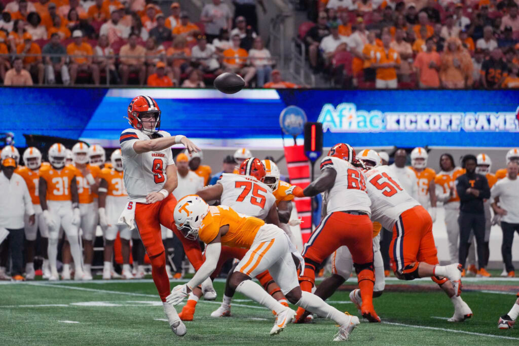 Quarterback Steve Angeli (9) throws as Syracuse faced Tennessee on Saturday for the Aflac Kickoff Game at Mercedes-Benz Stadium in Atlanta.