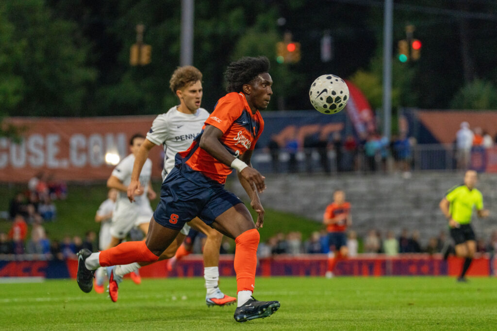 Defensemen Chimere Omeze (2) tracks the ball during Syracuse Men’s Soccer game against Penn State on August 28, 2025, at SU Soccer Stadium in Syracuse, New York