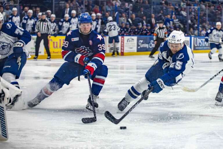 The Syracuse Crunch faced off against the Rochester Americans in thier home opener on Saturday, October, 18, 2025. Forward Dylan Duke drove to the net to create a high danger scoring chance during the second period of the game.