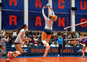 Setter Veronica Sierzant (2) sets during Syracuse Women’s Volleyball game against Niagara University on August 29, 2025, at SU Women's Building in Syracuse, New York.