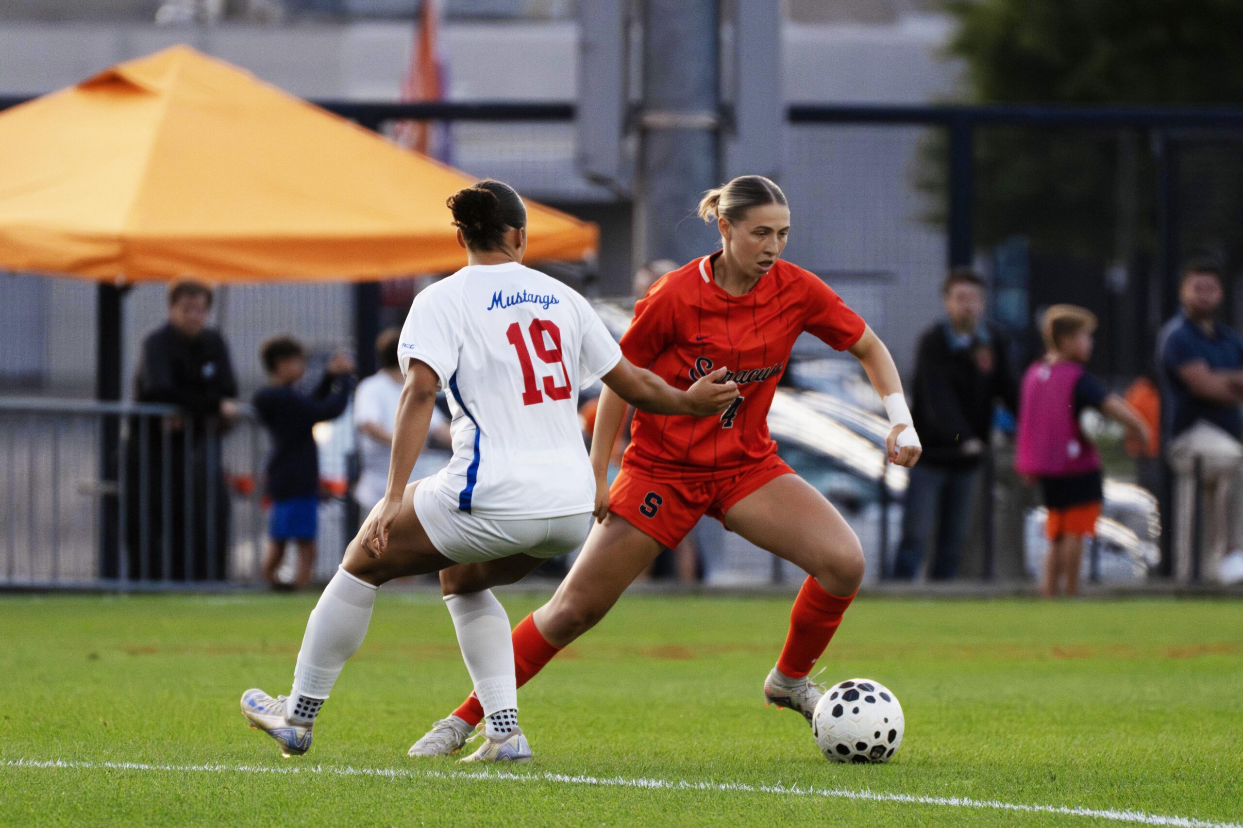 Ashley Rauch battles for ball in SMU v Syracuse game on 9/11/25