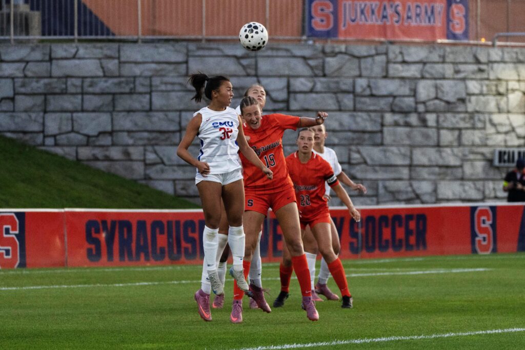 Anna Croyle heading the ball in Syracuse home game against SMU on 9/11/2025