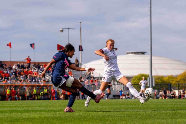 Defender Kendyl Lauher(9) kicks the ball during Syracuse Women’s Soccer game against Boston College on October 19, 2025, at SU Soccer Stadium in Syracuse, New York.
