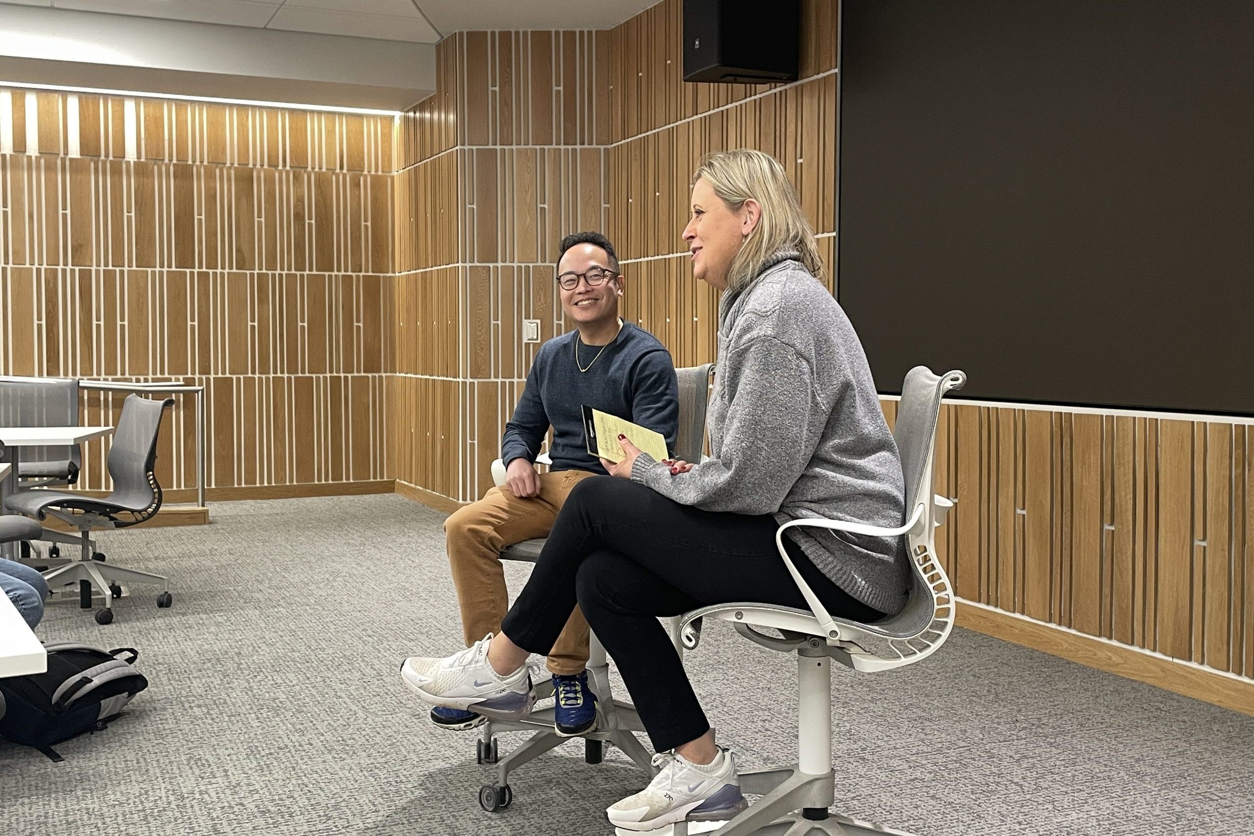 On the left is Howard Chen, and to the right is Olivia Stomski (the Director of the Sports Media and Communications program at Newhouse)