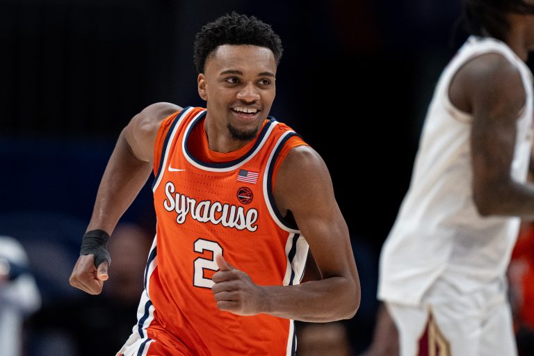 J.J. Starling #2 of the Syracuse Orange looks on in the second half during the first round of the ACC men's basketball tournament against the Florida State Seminoles at Spectrum Center on March 11, 2025 in Charlotte, North Carolina.