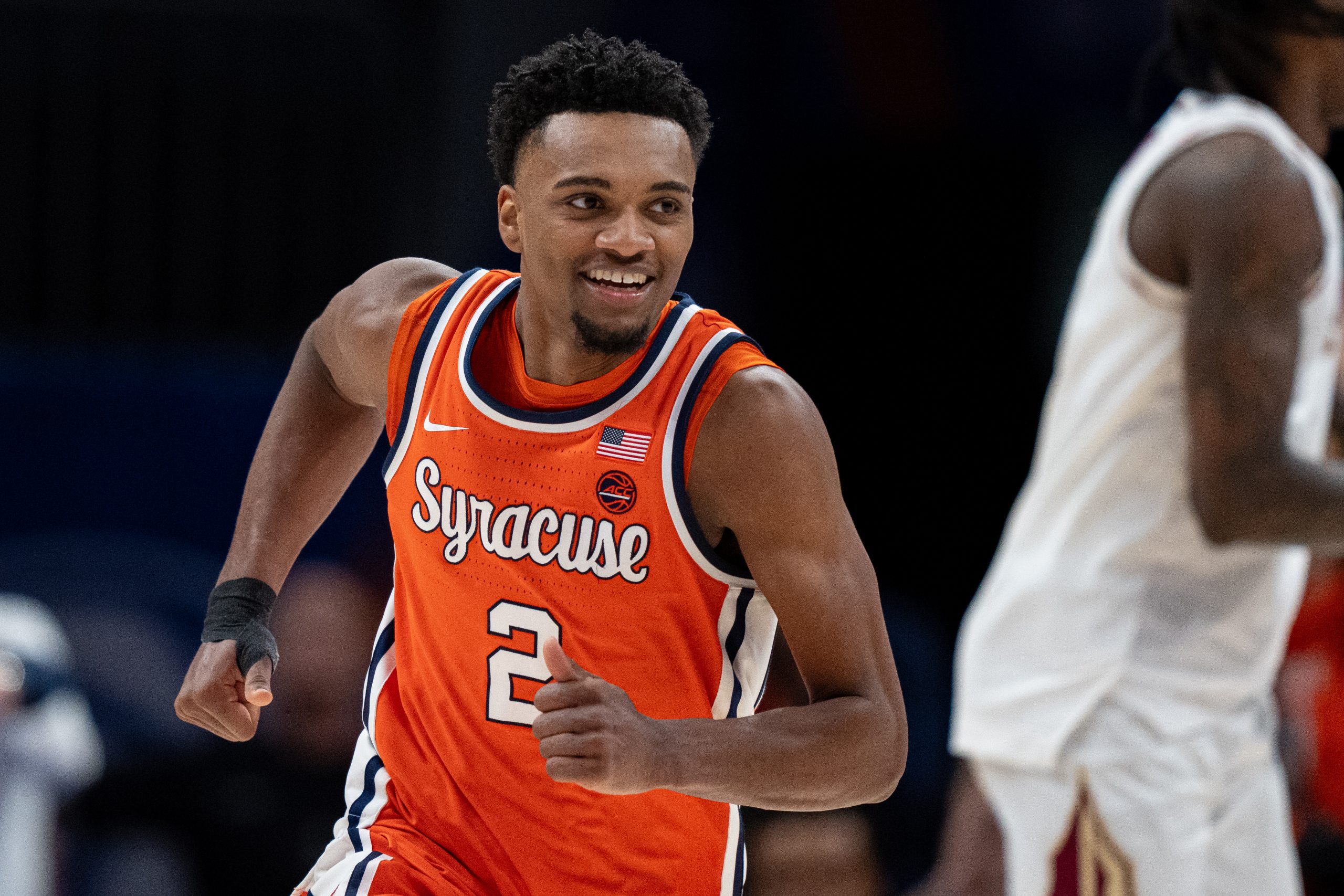 J.J. Starling #2 of the Syracuse Orange looks on in the second half during the first round of the ACC men's basketball tournament against the Florida State Seminoles at Spectrum Center on March 11, 2025 in Charlotte, North Carolina.