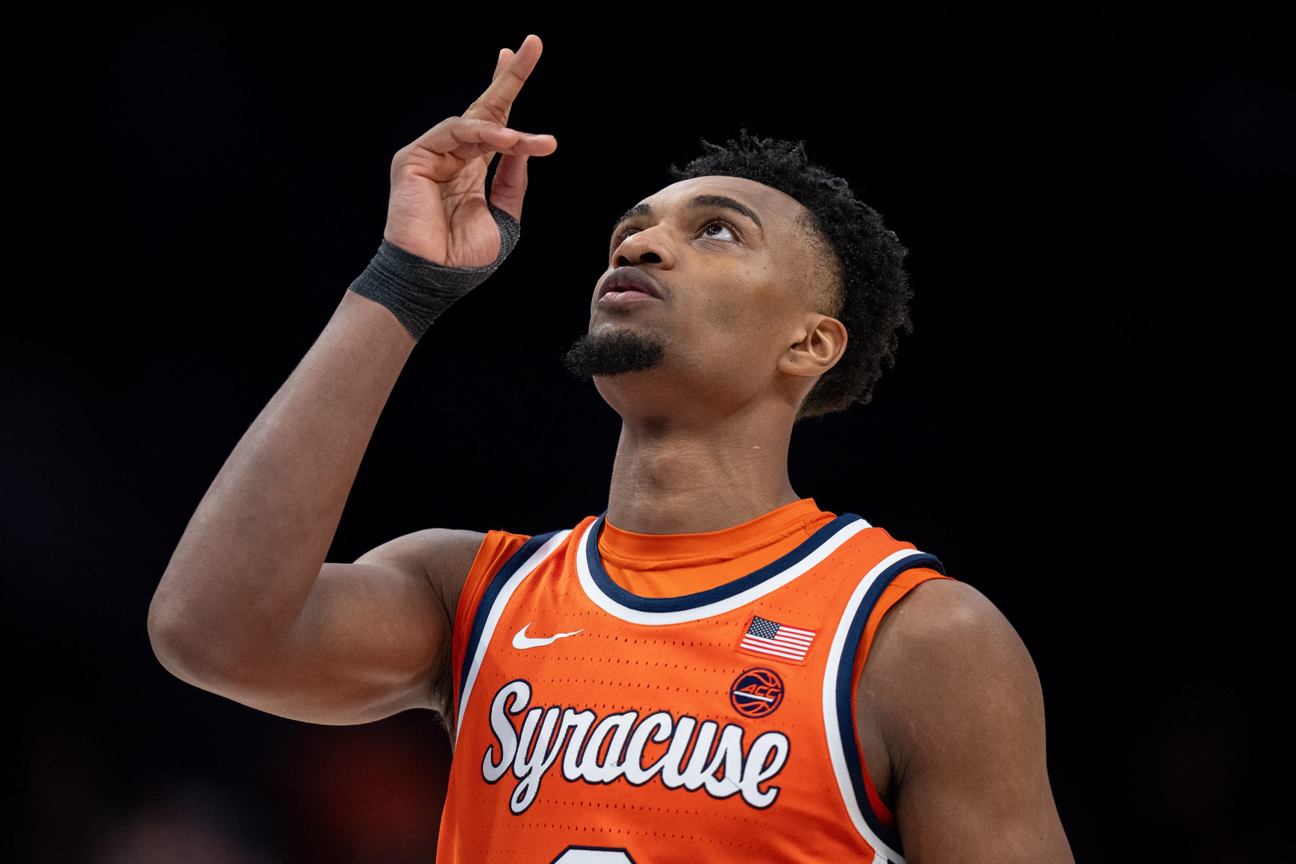 J.J. Starling #2 of the Syracuse Orange looks on in the second half during the first round of the ACC men's basketball tournament against the Florida State Seminoles at Spectrum Center on March 11, 2025 in Charlotte, North Carolina.