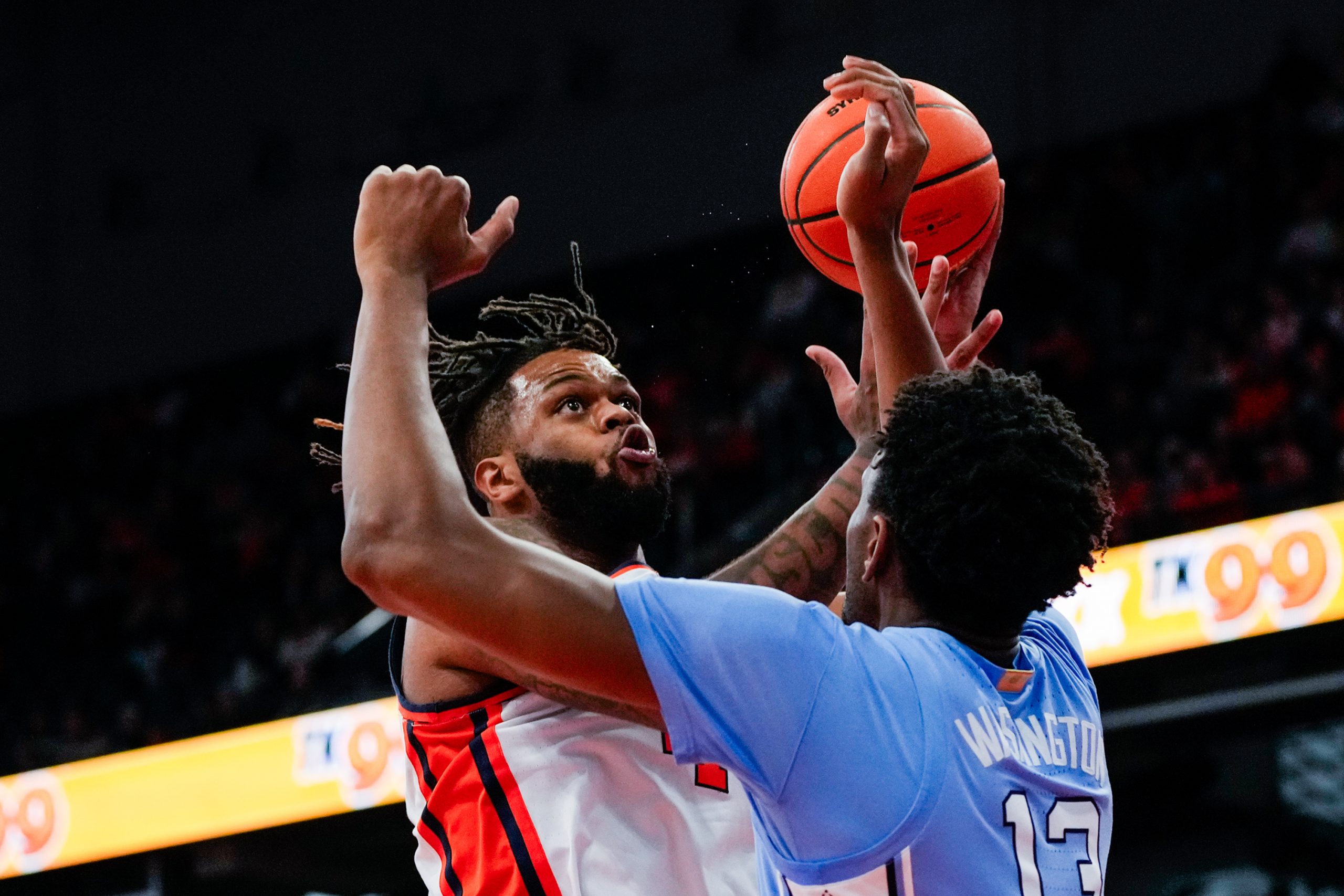 Syracuse center Eddie Lampkin Jr. competes against UNC during the men's basketball game at the JMA Wireless Dome on Saturday.(Photo by Jack Henry / Newhouse School)