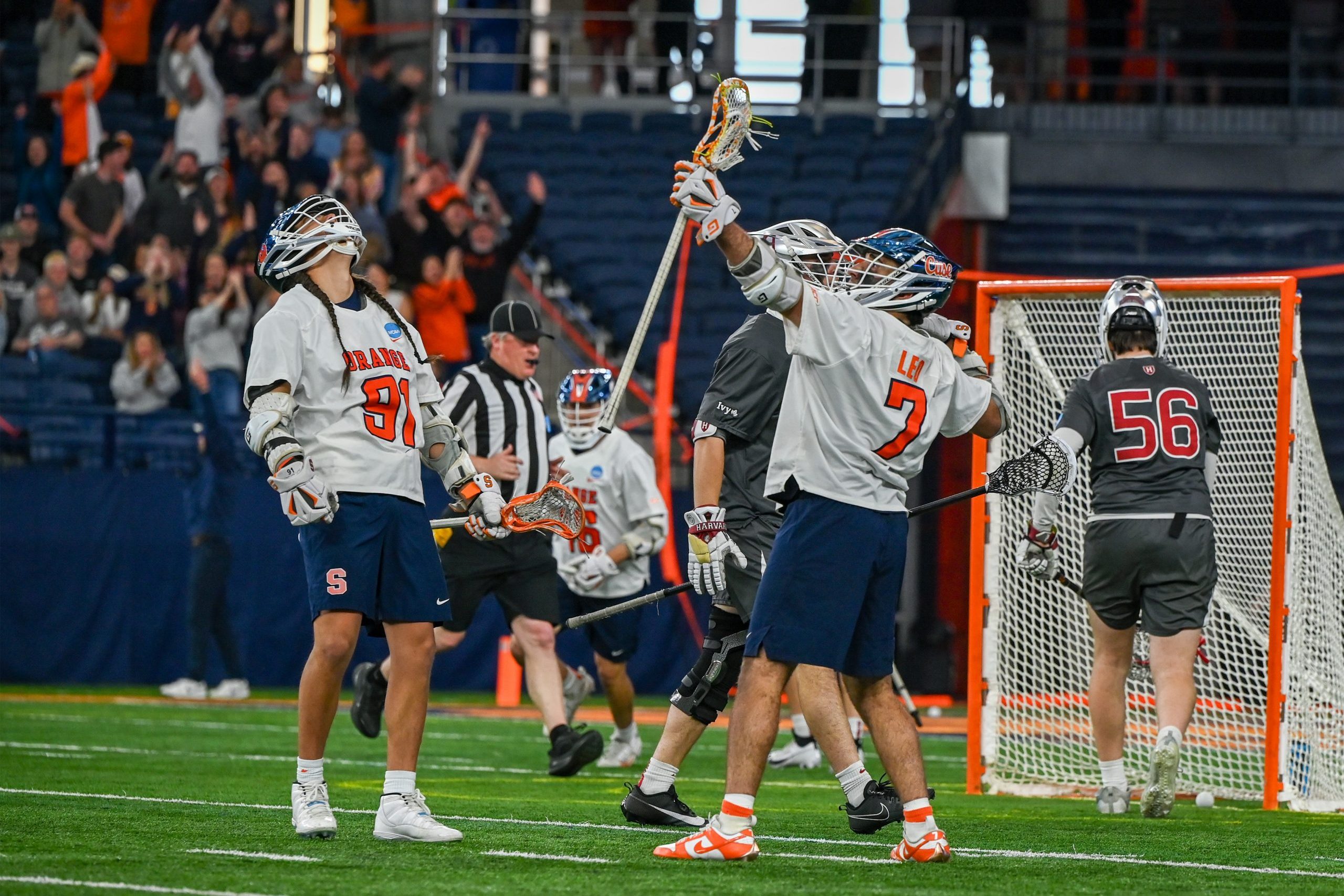 Syracuse midfielder Michael Leo celebrates after his goal puts SU up 12-11 over Harvard University in the fourth quarter May 11, 2025.