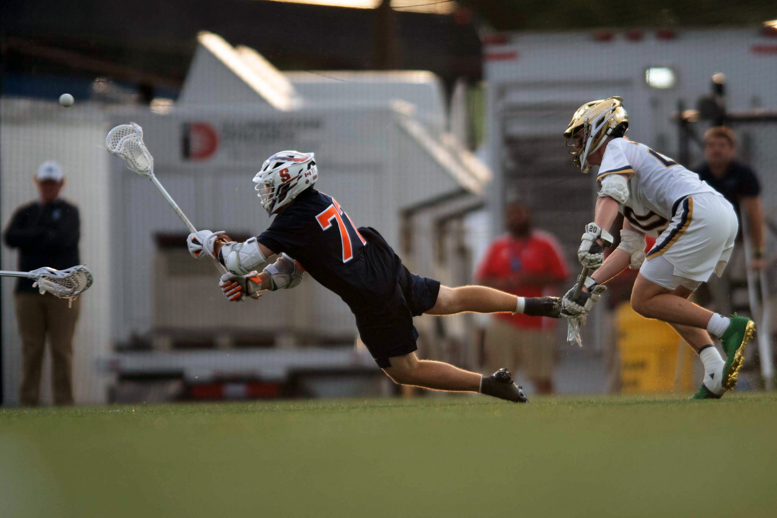 Syracuse attack Owen Hiltz lunges after releasing the ball against Notre Dame on May 2, 2025 during the ACC Tournament Semifinals in Charlotte, North Carolina.