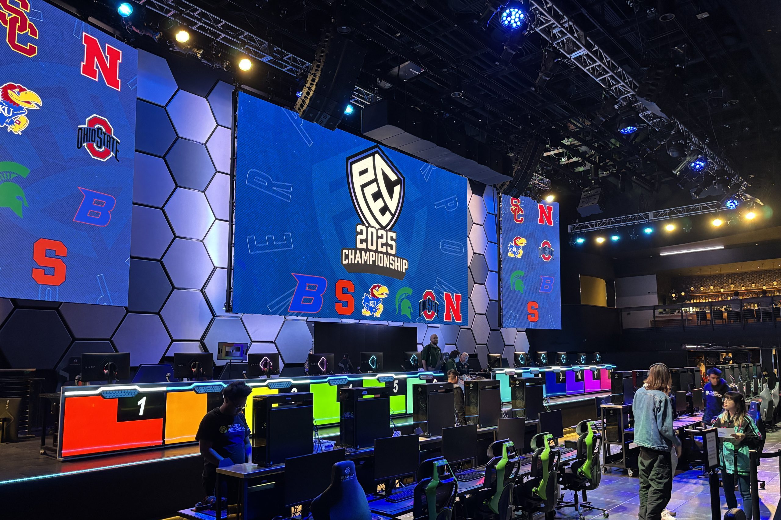 Video board at HyperX Arena in Las Vegas welcomes the seven teams of the PEC