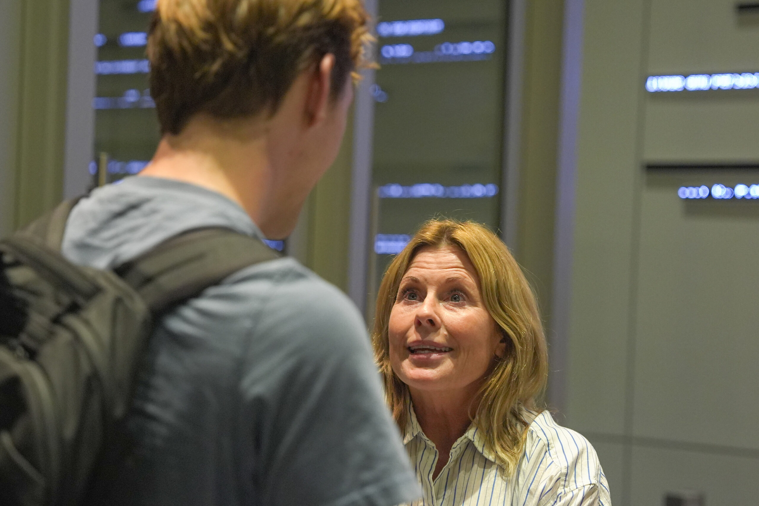 Sony Artisans of Imagery Jean Fruth talks to a young student at the Sports Photography Up Close conversation on Thursday, September 4, 2026 at the Hergenhan Auditorium.