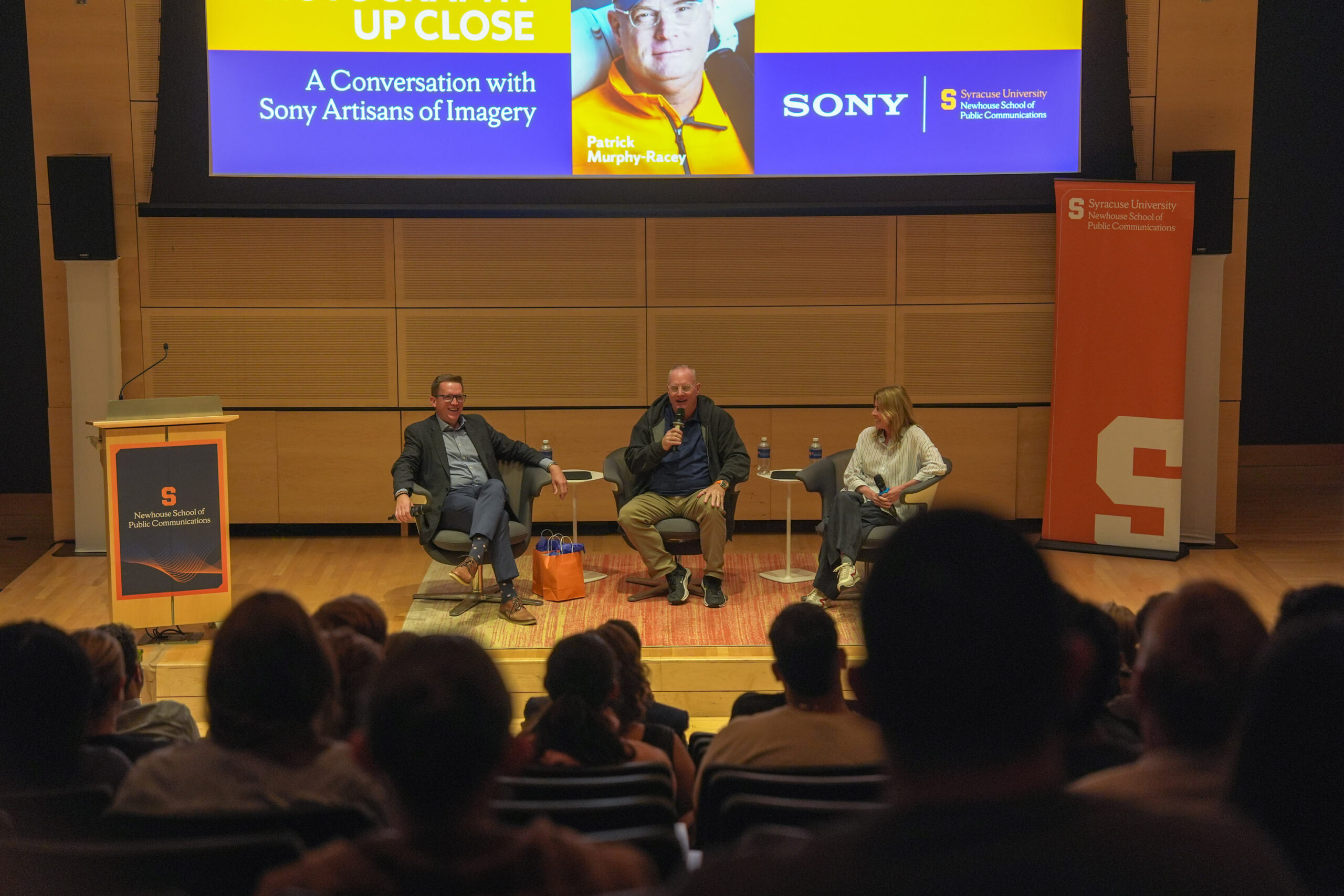Sony Artisan of Imagery Patrick Murphy-Racey adresses the audience at the Sports Photography Up Close conversation on Thursday, September 4, 2026 at the Hergenhan Auditorium.