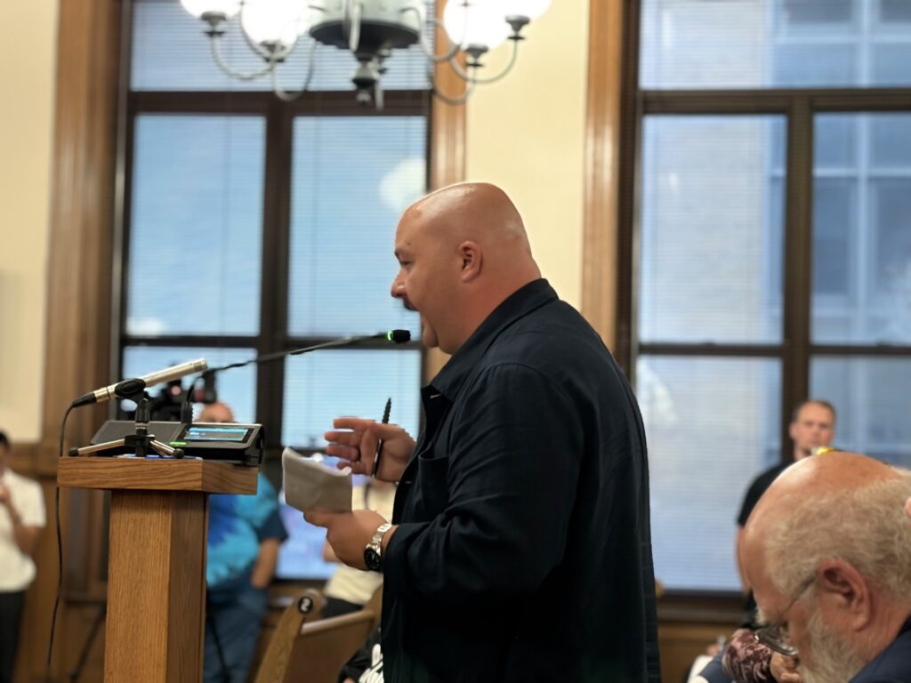 David Mastronardi, business owner of the Westcott Theater, testifying at the public hearing on Wednesday evening.