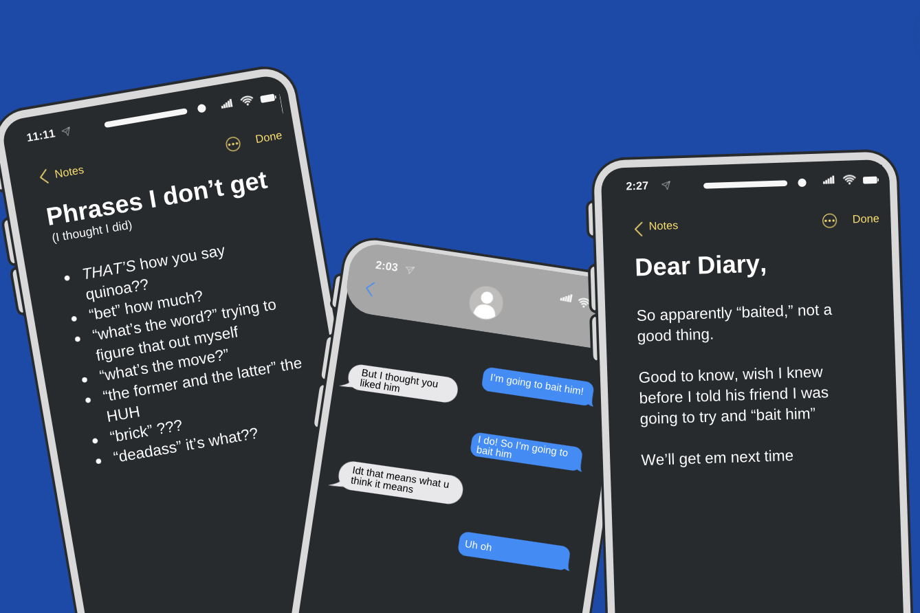 Graphic of three phones with phrases and words that can be confusing for those whose first language isn't English.