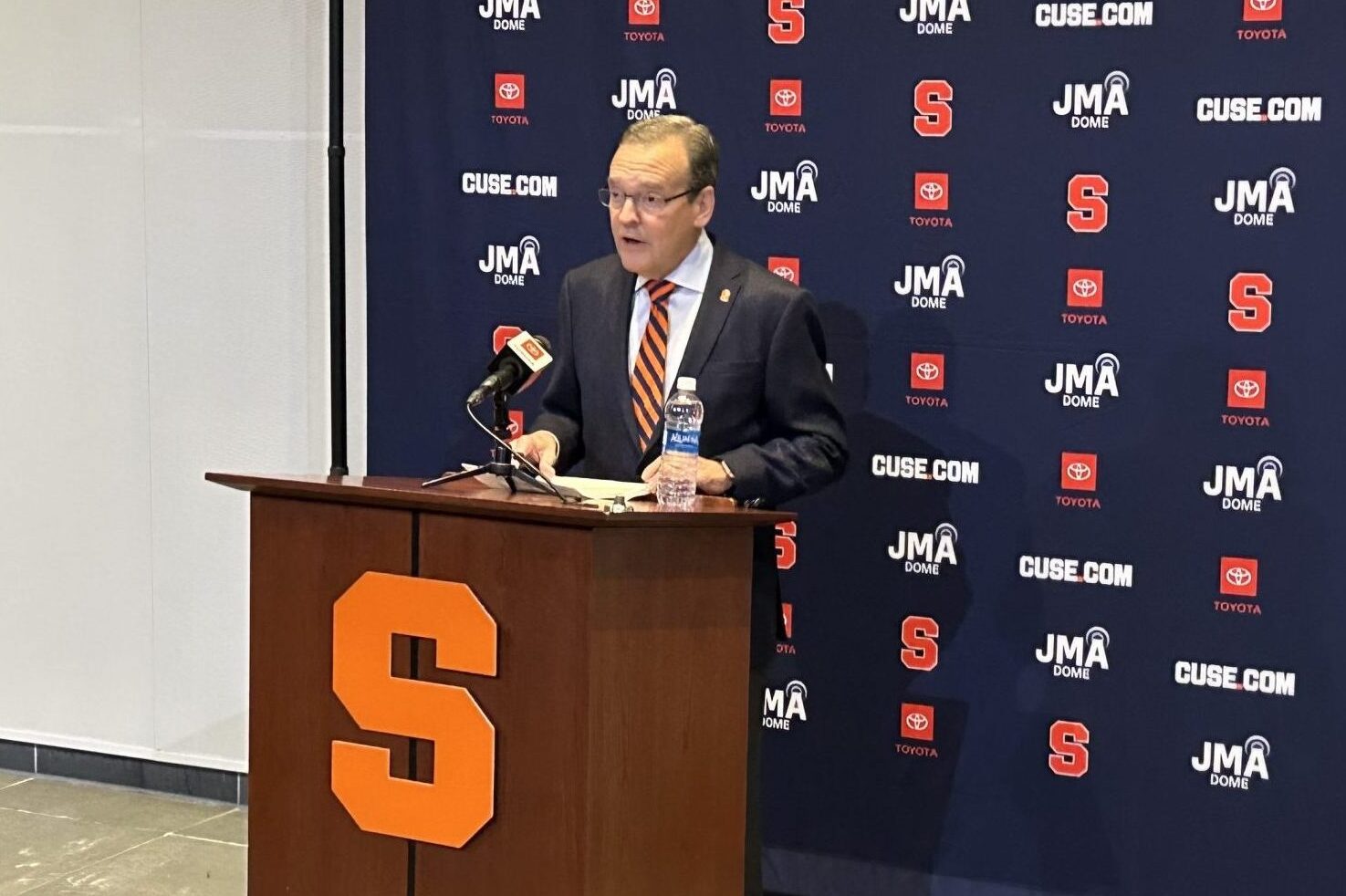 Syracuse athletic director John Wildhack speaks at Monday's press conference regarding the firing of football head coach Dino Babers.