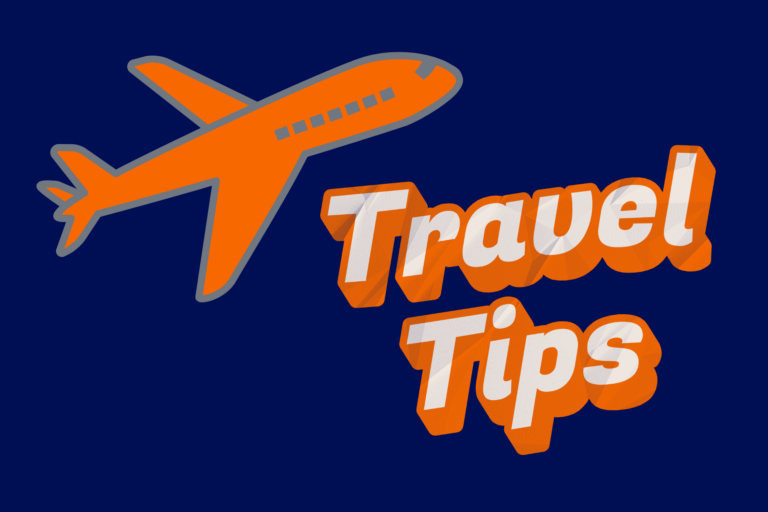 A blue background graphic with orange text stating "Travel Tips" on the top left of the screen is an orange airplane.