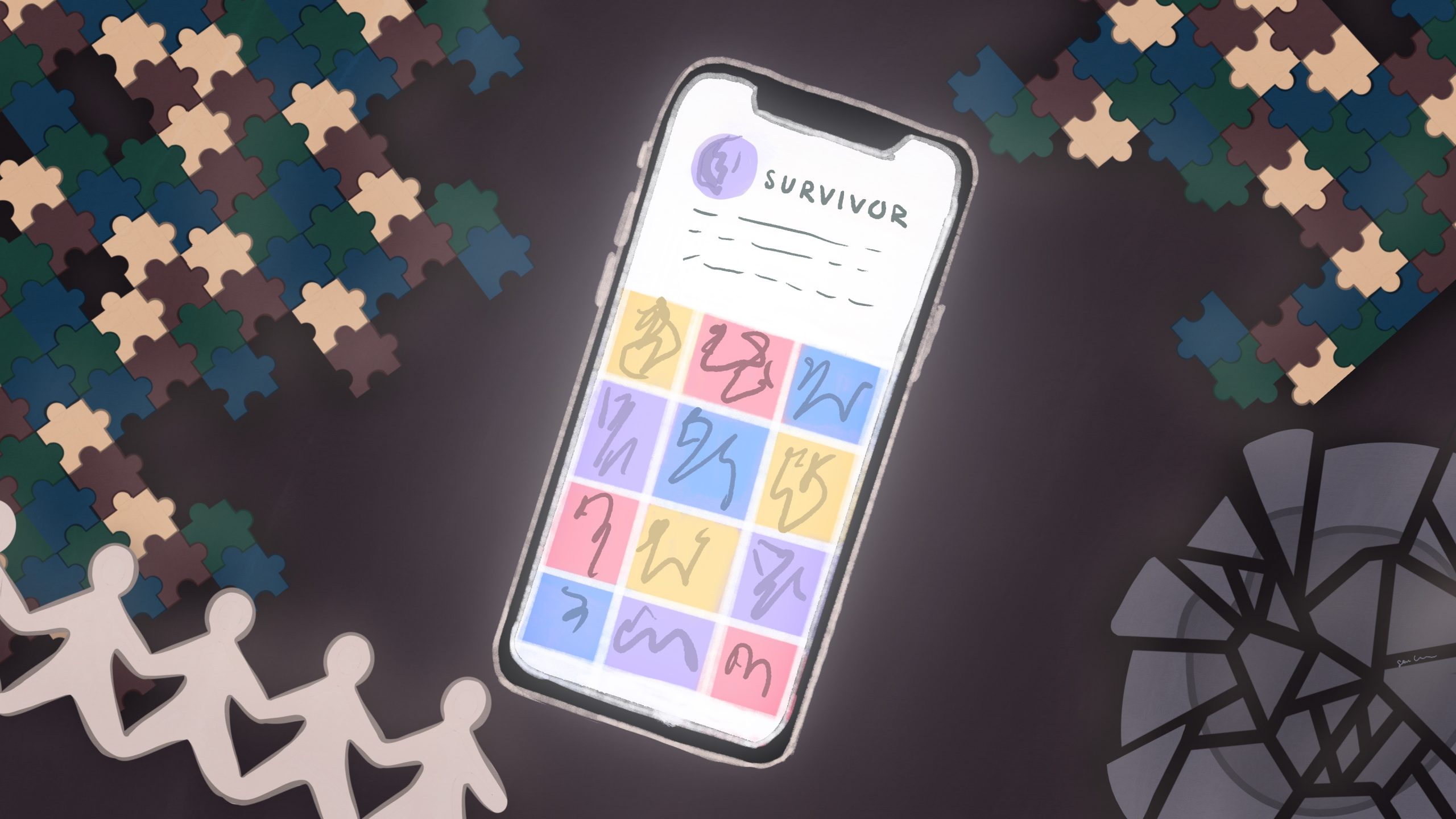 An illustration of a phone surrounded by puzzle pieces and a broken plate.