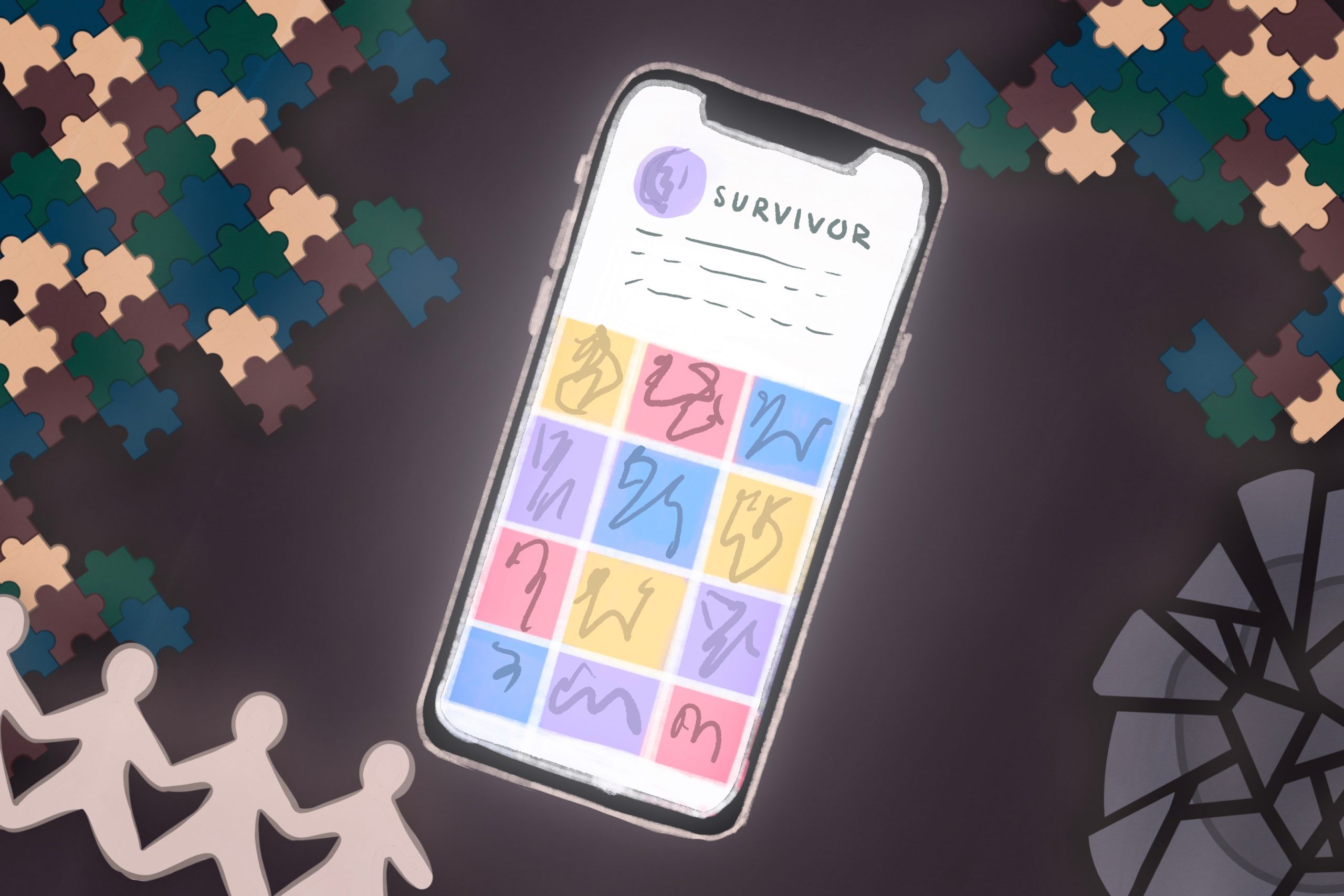 An illustration of a phone surrounded by puzzle pieces and a broken plate.