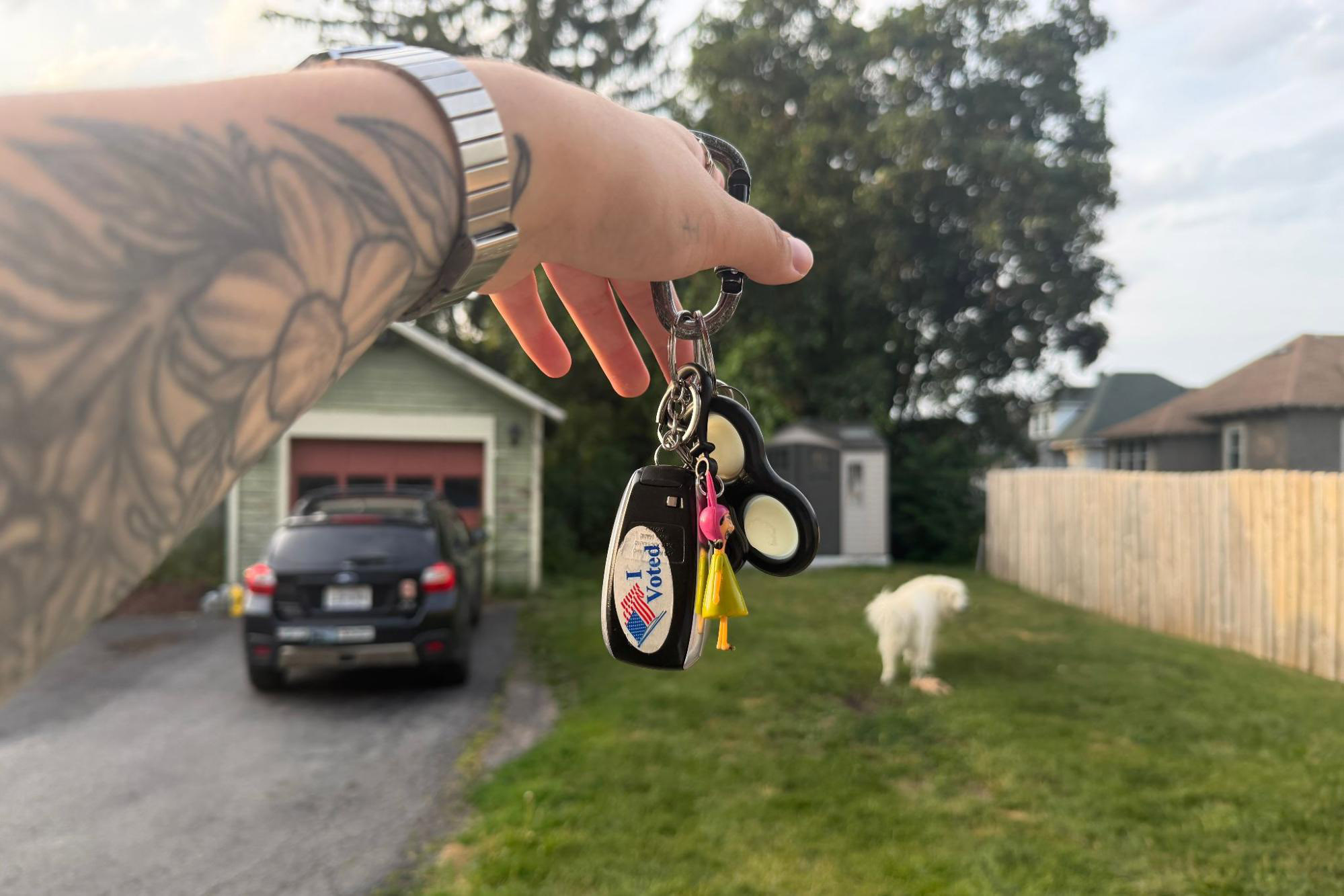 An “I Voted” sticker on the back of a Subaru key fob, hanging from a carabiner from primary election day in NY on June 23. Photo by Cameron Bunger.