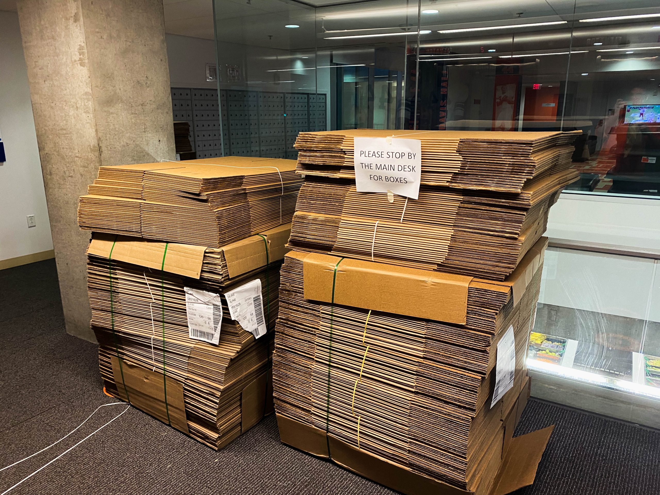 Each student living in a dorm is allowed 4 boxes to pack their belongings that they will be leaving in their rooms.