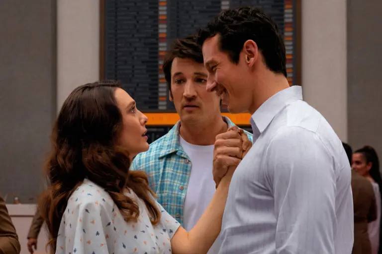 Elizabeth Olsen as Joan, Miles Teller as Larry and Callum Turner as Luke in 'Eternity.'