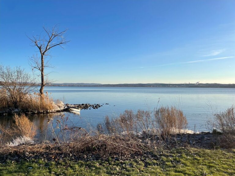 A view of Onondaga Lake from a “greeenway,” or a stretch of trail that acts as a walking or cycling path along a natural resource.