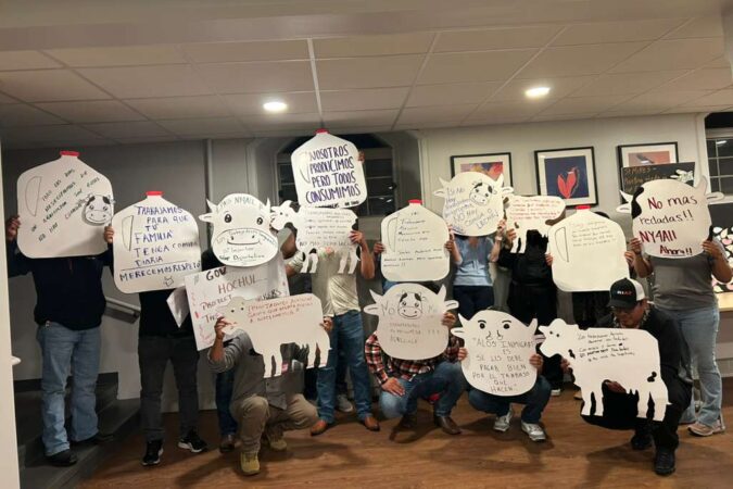 Group members of Alianza Agrícola drew cows and milk jugs with messages that translate to: “We work so your family can have food every day,” “We produce, but everyone consumes,” “Immigrants deserve to be paid well for all the work they do,” and “No more raids. NY4All now!”
