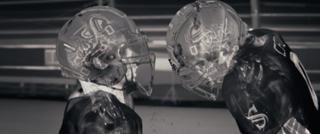 black and white x-ray of football players in uniforms