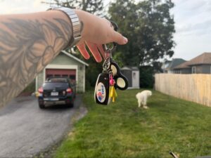 An “I Voted” sticker on the back of a Subaru key fob, hanging from a carabiner from primary election day in NY on June 23. Photo by Cameron Bunger.