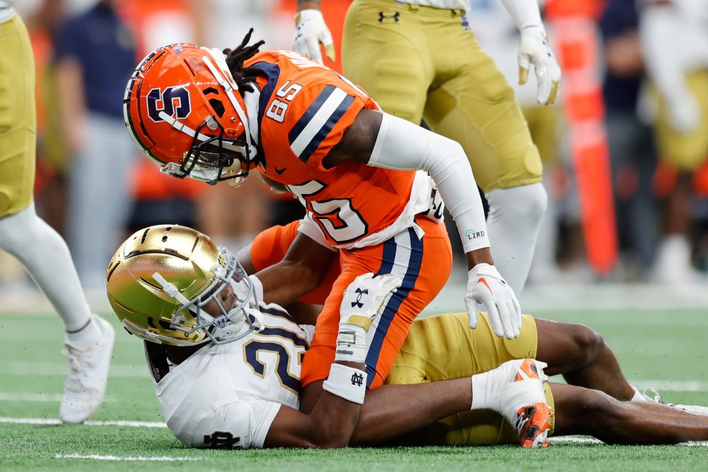 SYRACUSE, NY - OCTOBER 29: D'Marcus Adams #85 of the Syracuse Orange reacts after making a play against Benjamin Morrison #20 of the Notre Dame Fighting Irish at JMA Wireless Dome on October 29, 2022 in Syracuse, New York. (Photo by Isaiah Vazquez/The Newshouse)