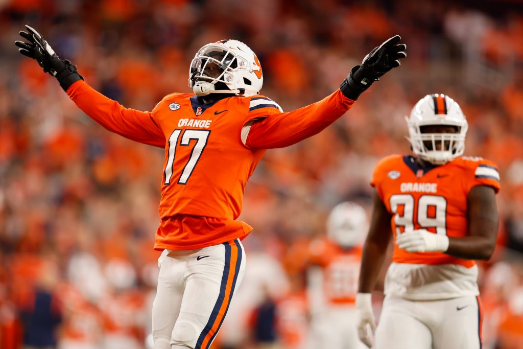 SYRACUSE, NY - OCTOBER 1: Steve Linton #17 of Syracuse Orange reacts after making a sack against the Wagner Seahawks at JMA Wireless Dome on October 1, 2022 in Syracuse, New York. (Photo by Isaiah Vazquez)