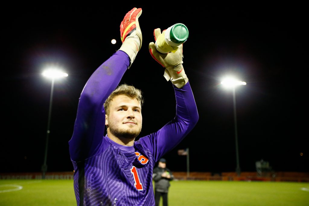 SYRACUSE, NY - NOVEMBER 9: Russell Shealy #1 of Syracuse Orange reacts after the Syracuse Orange defeat the Virginia Cavaliers during the ACC Semifinal at SU Soccer Stadium on November 9, 2022 in Syracuse, New York. (Photo by Isaiah Vazquez/The Newshouse)