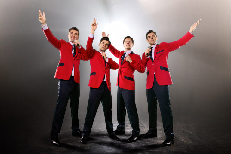 Peyton Schoenhofer as 'Bob Gaudio', Coby Oram as 'Frankie Valli', Harry Sperduto as 'Tommy DeVito', and Owen McCredie as 'Nick Massi' in the 20th Anniversary North American Tour of Jersey Boys.