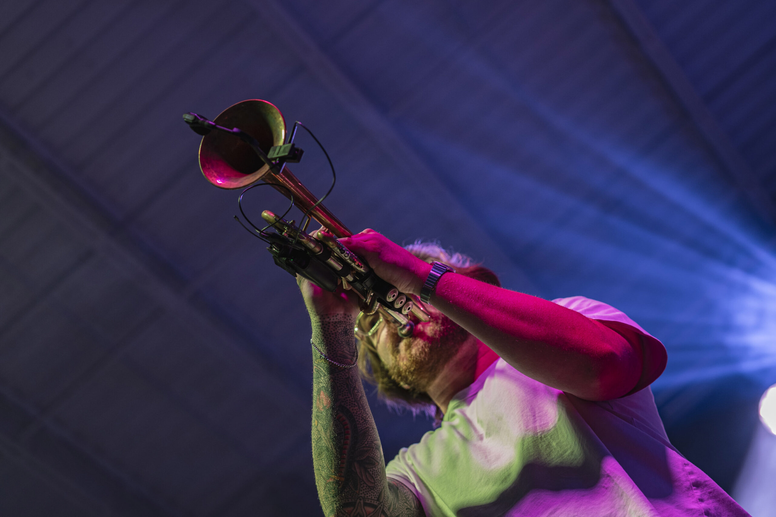 Trumpeter Cade Gotthardt performs with Ripe during the band’s headlining set at Paper Mill Island in Baldwinsville on Friday, Aug. 14, 2026. Gotthardt is a Los Angeles-based multi-instrumentalist whose credits include work with artists such as Snoop Dogg, Arturo Sandoval and Tribal Seeds. Photo by Matt Hofmann.