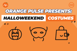 Orange Pulse presents: Halloweekend Costumes. A pumpkin, a masquerade mask and a shopping bag with a price tag on an orange background.xt