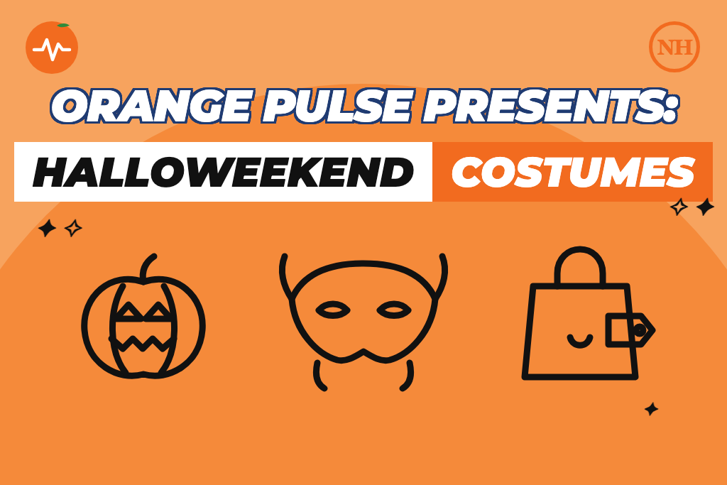 Orange Pulse presents: Halloweekend Costumes. A pumpkin, a masquerade mask and a shopping bag with a price tag on an orange background.